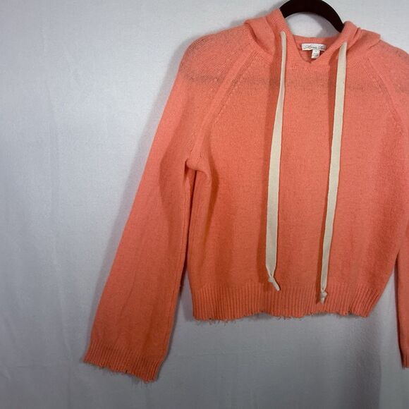 Minnie Rose Coral Orange Hooded Cropped Chewed Hem Cashmere Sweater Size S Cozy - Picture 4 of 12
